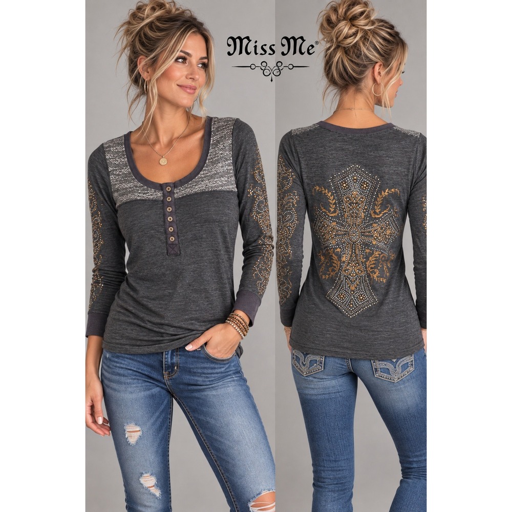 Miss Me Gray Embellished Cross Henley Long Sleeve Top Studded Rhinestone Medium